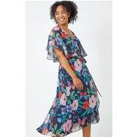 Roman Women's Petite Floral Chiffon Cape Wrap Dress in Navy | Size: 10