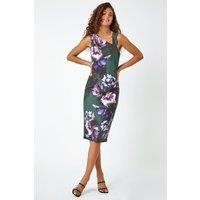 Roman Women's Floral Asymmetric Pleat Detail Stretch Dress in Dark Green | Size: 10