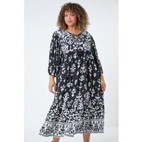 Roman Women's Curve Boho Print Tiered Midi Dress in Black | Size: 18
