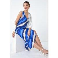 Roman Women's Stripe Print Satin Bodycon Midi Slip Dress in Royal | Size: 10