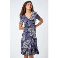 Roman Women's Tropical Leaf Frill Stretch Wrap Dress in Navy | Size: 18
