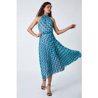 Roman Women's Geometric Halterneck Midi Dress in Turquoise | Size: 18