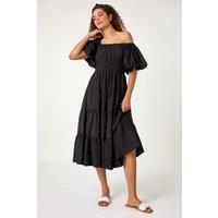 Roman Women's Puff Sleeve Tiered Midi Dress in Black | Size: 10