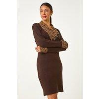 Roman Women's Overlap V-Neck Knit Dress in Chocolate | Size: 20