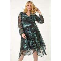 Roman Women's Curve Abstract Print Wrap Stretch Midi Dress in Grey | Size: 26-28