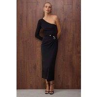 WOVCOR Women's Knitted One Shoulder Midi Dress with Accessory Detail in Black | Size: 8