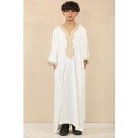 Thobez Boy's Moroccan Thobe Gandoura Short Sleeve Jubba Islamic Clothing Kaftan Eid Robe Arab in White | Size: 8-9 Years