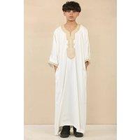 Thobez Boy's Moroccan Thobe Gandoura Short Sleeve Jubba Islamic Clothing Kaftan Eid Robe Arab in White | Size: 10-11 Years