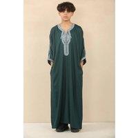 Thobez Boy's Moroccan Thobe Short Sleeve Embroidery Kaftan in Green | Size: 5-6 Years