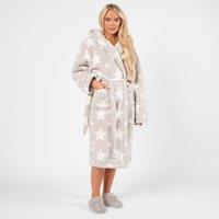 OHS Dressing Gown Hooded Teddy Marl Star Fleece Soft Robe in Grey
