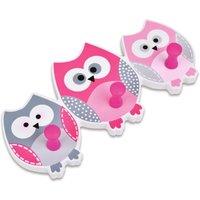 mysmartbuy 3 Owl Hooks on Wall Mounted Wooden Backing Plate - Pink, Grey & White in Pink