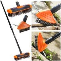 mysmartbuy 3-in-1 Garden Brush with Telescopic Handle, Wide & Narrow Bristle Brush Head & Metal Weeding Spike for Patio, Decking & Driveways in Orange