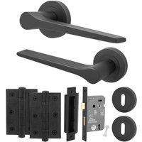 AFIT Black Door Handle Key Lock Set Matt Black Door Handle, Lock Hinges | Size: 150mm x 150mm