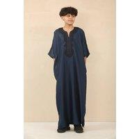 Thobez Men's Moroccan Thobe Gandoura Short Sleeve Jubba Islamic Clothing Kaftan Eid Robe Arab in Navy | Size: 14-15 Years