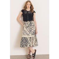 Klass. Women's Printed Smocked Waist Cotton Midi Skirt in Ecru | Size: 18