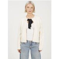 Brave Soul Women's Crew Neck Cable Knit Cardigan With Bow in Cream | Size: Large