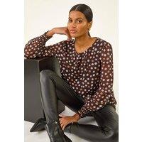Roman Women's Spot Print Shirred Cuff Top in Chocolate | Size: 16