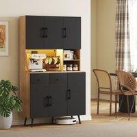 HOMCOM Tall Kitchen Cupboard with LED Lights & Adjustable Shelves, Oak in Black