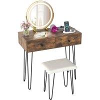 Costway Vanity Desk & Stool Set Makeup Dressing Table w/ Mirror & Lights in Brown