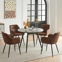 SONARA Grey Marble Round Dining Table with 4 Faux Suede Dining Chairs Set in Brown