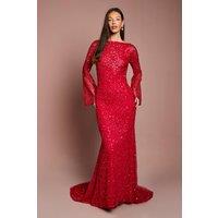 Coast Women's Long Sleeve Flare Sleeve Cowl Back Sequin Maxi Dress in Red | Size: 8