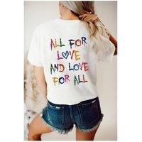 Everyday The Label Women's White ALL FOR LOVE & LOVE FOR ALL Letter Graphic T-Shirt | Size: Large