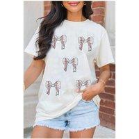 Everyday The Label Women's White Glitter Baseball Bow Patched Cotton Blend T-Shirt | Size: Large
