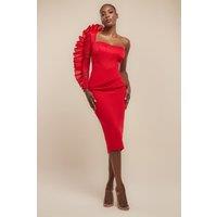 Goddiva Women's One Shoulder Organza Fan Detail Lace Bodice Midi Dress in Red | Size: 18