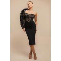 Goddiva Women's One Shoulder Organza Fan Detail Lace Bodice Midi Dress in Black | Size: 12