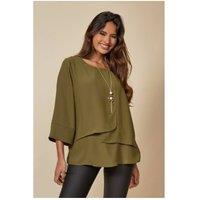 HOXTON GAL Women's Oversized Women Layered Blouse with 3/4 Sleeve & Necklace in Khaki | Size: 16-18