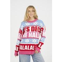 Brave Soul Women's Stripe Slogan Christmas Jumper in Pink | Size: Large