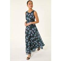 Roman Women's Petite Floral Ruched Waist Maxi Dress in Black | Size: 12