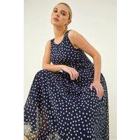 Roman Women's Petite Spot Print Ruched Maxi Dress in Navy | Size: 14