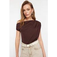 WOVCOR Women's Elegant Draped Asymmetric Evening Top in Brown | Size: Large