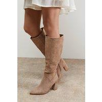 Oasis Women's Wide Fit Jemima Faux Suede High Block Heel Pointed Knee Boots in Taupe | Size: 7