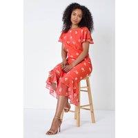 Roman Women's Petite Floral Chiffon Frill Tiered Midi Dress in Coral | Size: 8