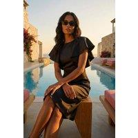 Roman Women's Satin Ruffle Sleeve Dress in Black | Size: 20