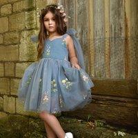 UK Flower Girl Boutique Girl's Enchanted Angel Dress - Embroidered Dusty Blue in Mid Blue | Size: 6-12 m
