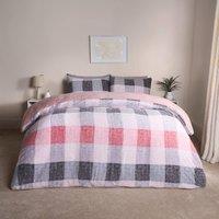 OHS Gingham Teddy Fleece Duvet Cover Pillowcase Check Bedding Set in Pink | Size: Double