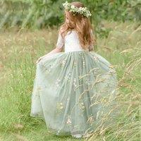 UK Flower Girl Boutique Girl's Enchanted Dress - Fern Green /White Lace in Light Green | Size: 13-14 Years