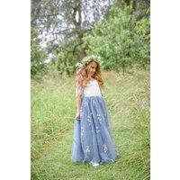 UK Flower Girl Boutique Girl's Enchanted Dress - Dusty Blue / White Chantilly Lace in Pale Blue | Size: 6-12 m