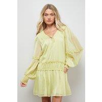 Oasis Women's Plain Chiffon Shirred Front Tie Neck Mini Dress in Olive | Size: 14