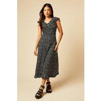 Dorothy Perkins Women's Petite Mono Frill Neck Ruched Front Jersey Midi Dress | Size: 8