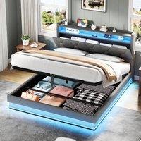 BTM Upholstered Bed with Hydraulic Storage & LED Charging Headboard in Grey | Size: Double