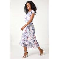 Roman Women's Petite Floral Print Wrap Frill Midi Dress in Grey | Size: 12
