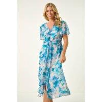 Roman Women's Petite Abstract Print Ruched Midi Dress in Turquoise | Size: 16