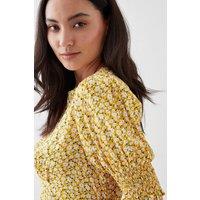 Dorothy Perkins Women's Petite Yellow Ditsy Shirred Cuff Midi Dress | Size: 6