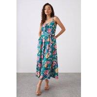 Dorothy Perkins Women's Petite Green Floral Tiered Pocket Midi Dress | Size: 12
