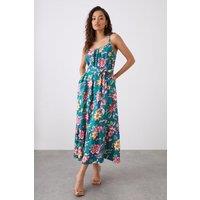 Dorothy Perkins Women's Petite Green Floral Tiered Pocket Midi Dress | Size: 16