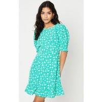 Dorothy Perkins Women's Petite Green Floral Frill Hem Mini Dress | Size: 8